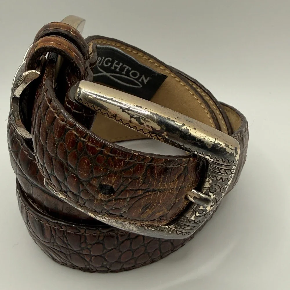 Brighton Belt Womens Brown Crocodile Embossed Western Silver Ornate Hardware